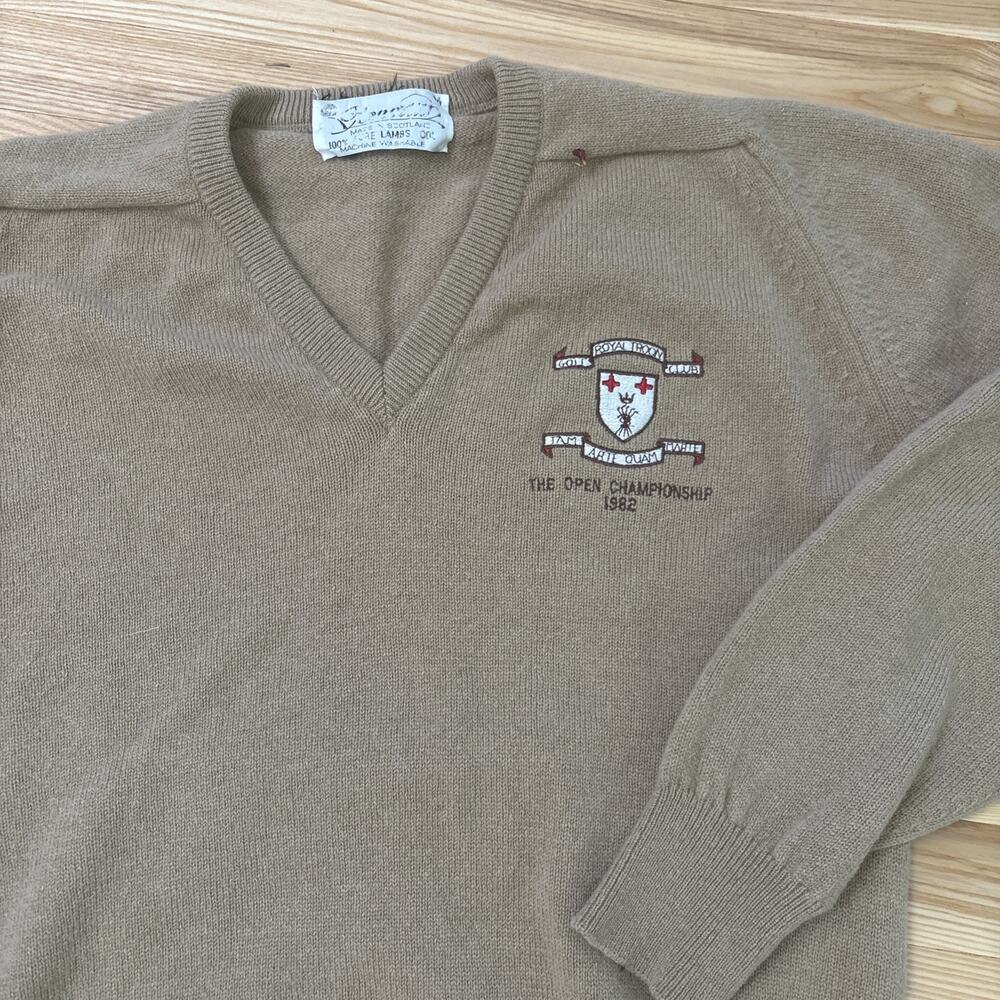 Vintage Glenmuir Tan Lambs Wool Sweater Royal Troon Golf Club Scotland Open 1982